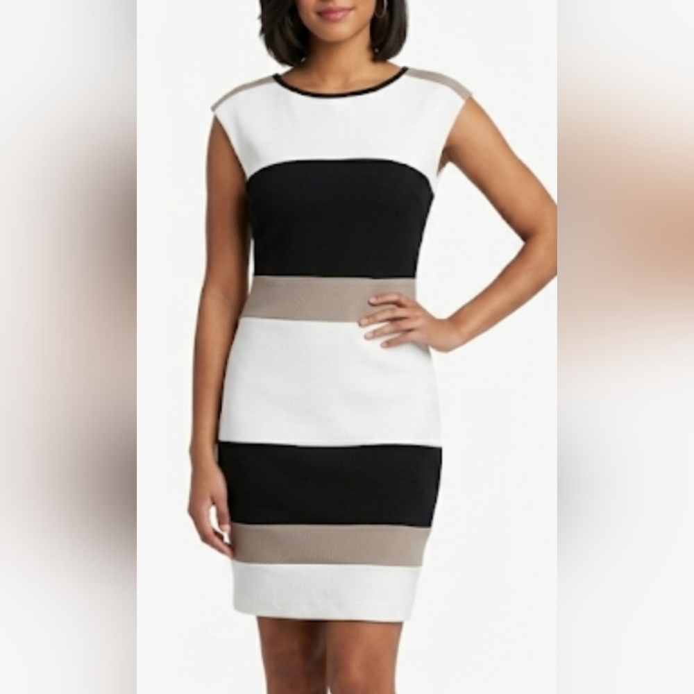 Chic Colorblock Striped Knit Sheath Dress - Black White Taupe size:10